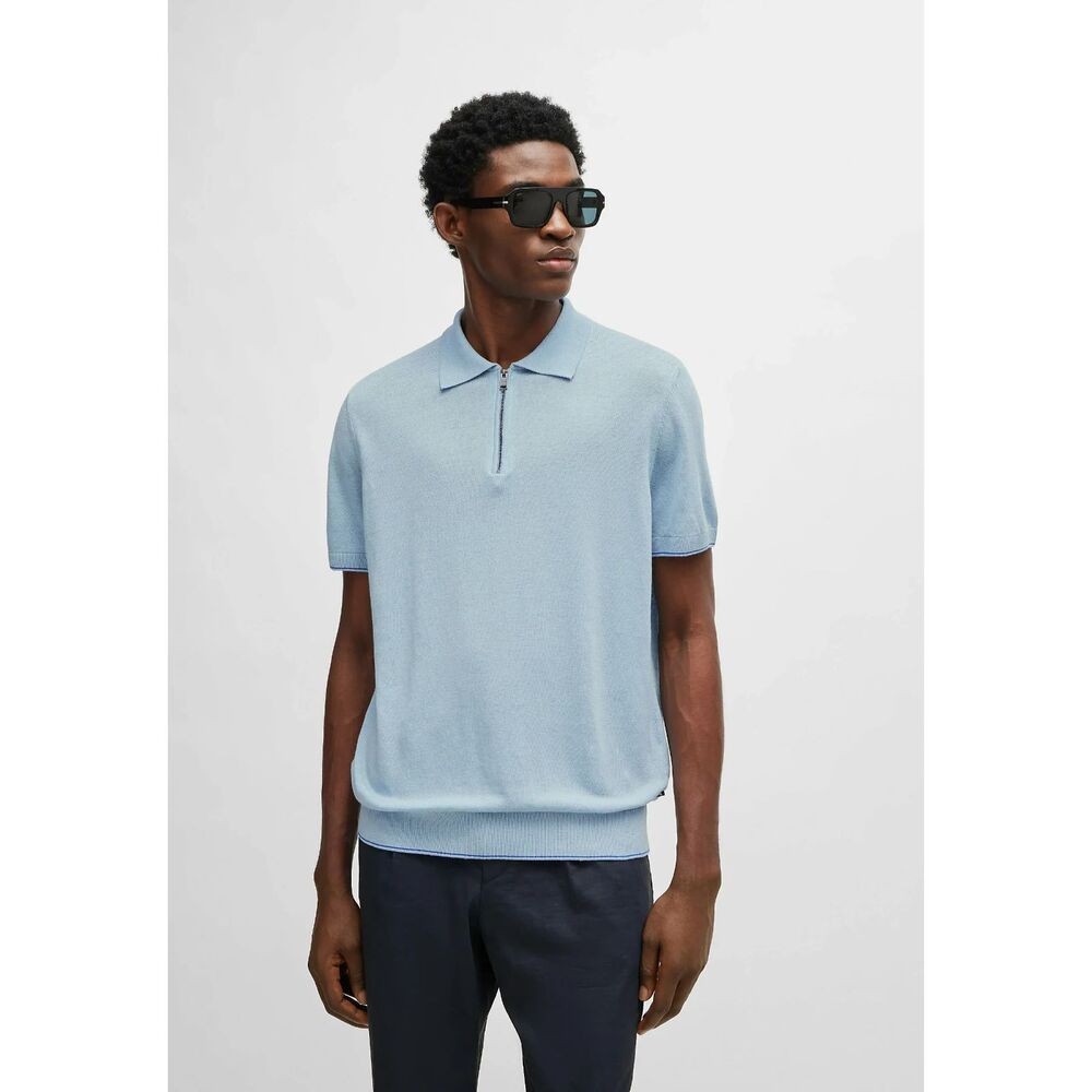 HUGO BOSS Polo Shirt Mens Small Blue Short Sleeve Knit Linen Blend TRIESTE $198